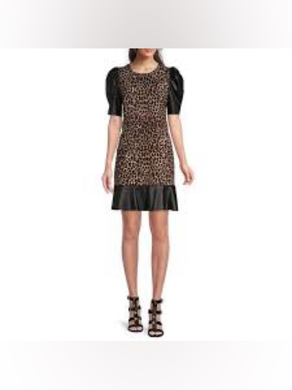 Michael Kors Leopard-Print Puff Sleeve Mini Dress in Black and Tan